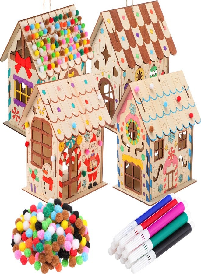 DoubleFill 4 Pack 7 Inch Christmas Gingerbread House Kit, DIY Christmas Village Houses Gingerbread House Include Colorful Pompoms and Water Color Pen for Party Games DIY Gifts (Winter) - Image 1